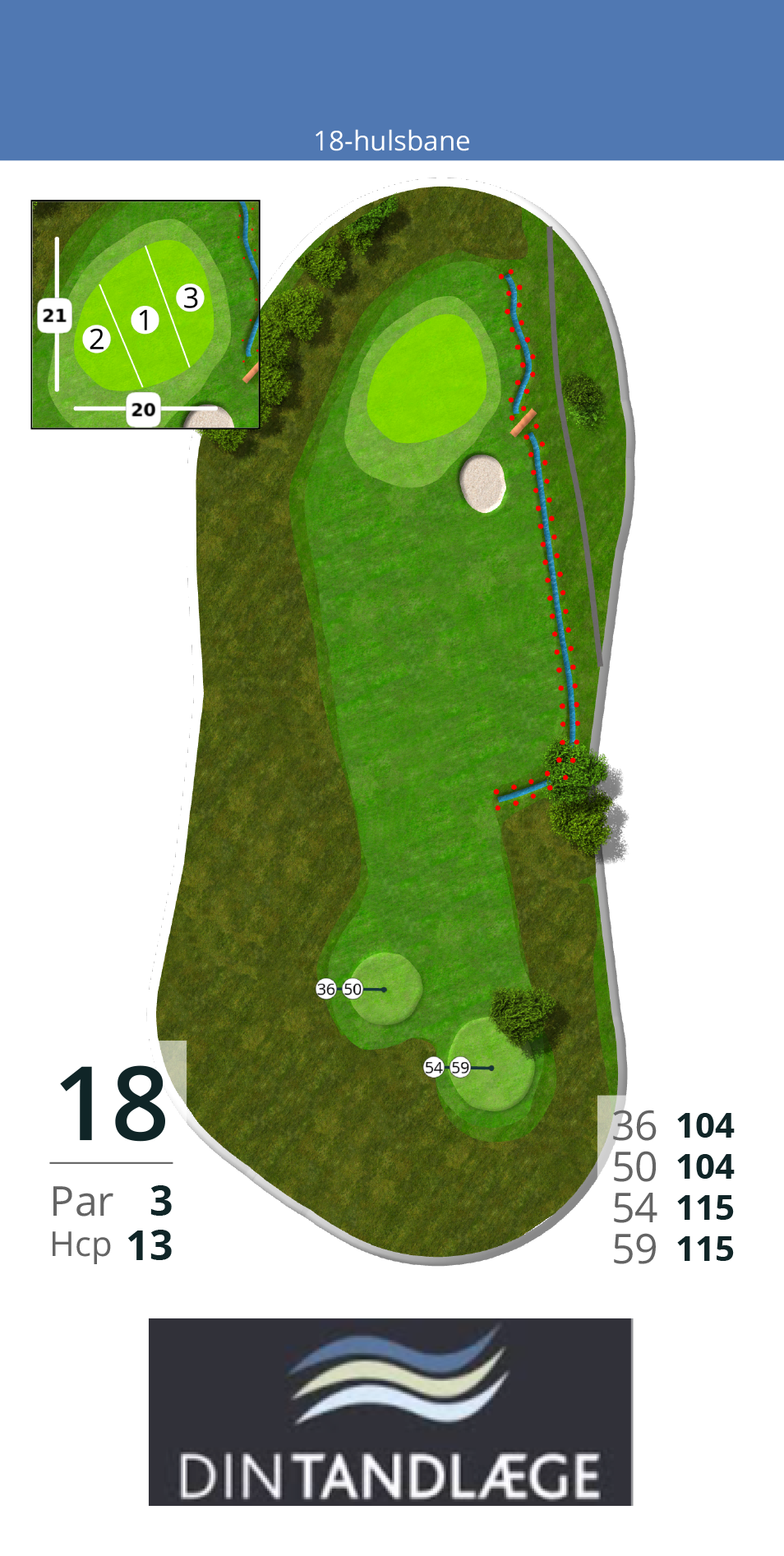 Hul 18
Et par 3 hul på 115 fra tee 59/54 og 104 fra tee 50. Man slår hen over en slugt, hvor der er et vandløb, op på den absolut sværeste green at putte på, på hele golfbanen. Den hælder voldsomt fra venstre mod højre og fra bagkant mod forkant. Bliver man fanget på den forkerte side af hullet, kan man selv med et blødt putt, godt forvente et langt returputt. Selv 30cm putts på dette hul er ikke givet. Så koncentration er påkrævet på denne green, for at få en god afslutning på runden.<br><br>