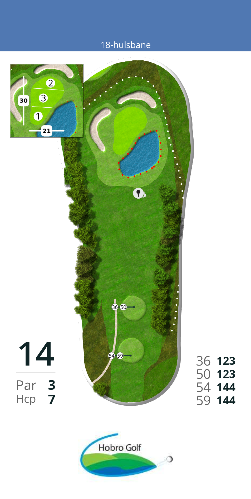 Hul 14
Et par 3 hul på 141 fra tee 59/54 og 113 fra tee 50. Dette hul spilles oftest i modvind. Hullet er forsvaret af en sø lige før green, som modtager mange offergaver i løbet af en sæson og 2 store bunkers, der snor sig rundt om greenen.<br><br>