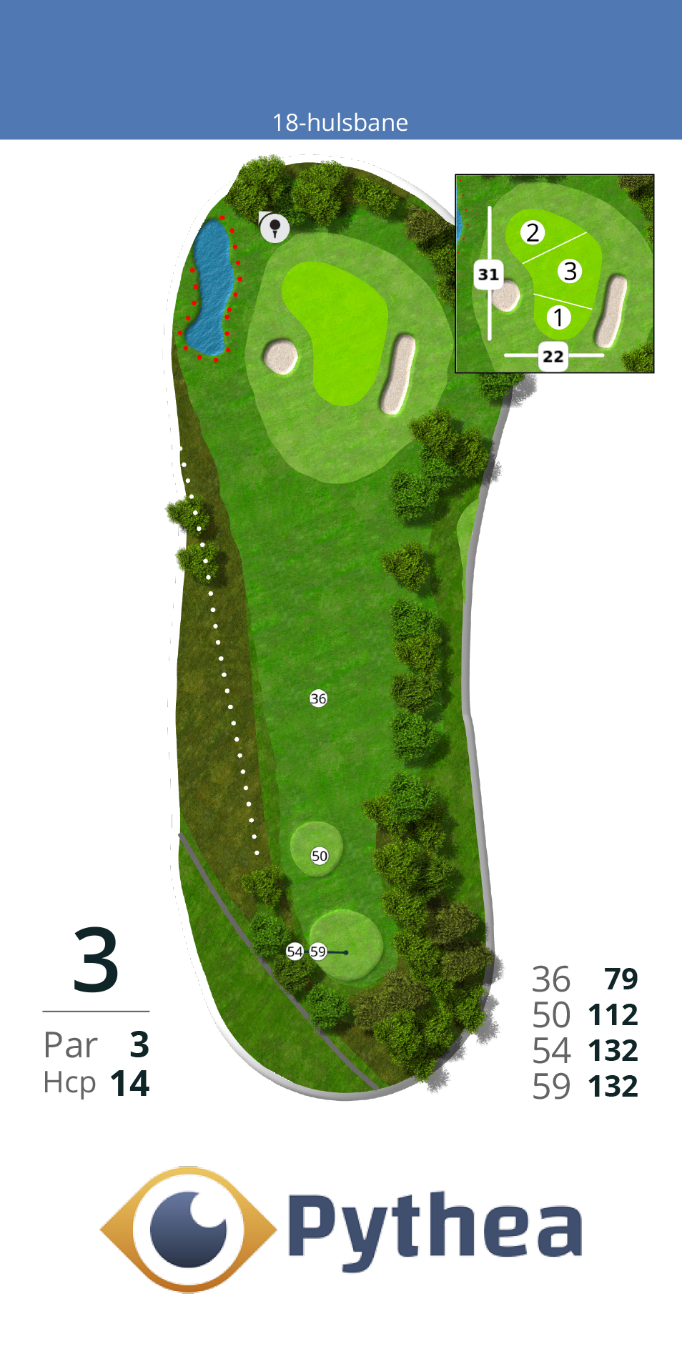 Hul 3
Et på papiret simpelt par 3 hul på 132m fra 59/54 og 112m fra tee 50. Men man skal ikke lade sig narre. Beskyttet af 2 bunkers tæt ved green og en stor sø i venstre side, skal man ikke slå meget skævt før man er i problemer.<br><br>