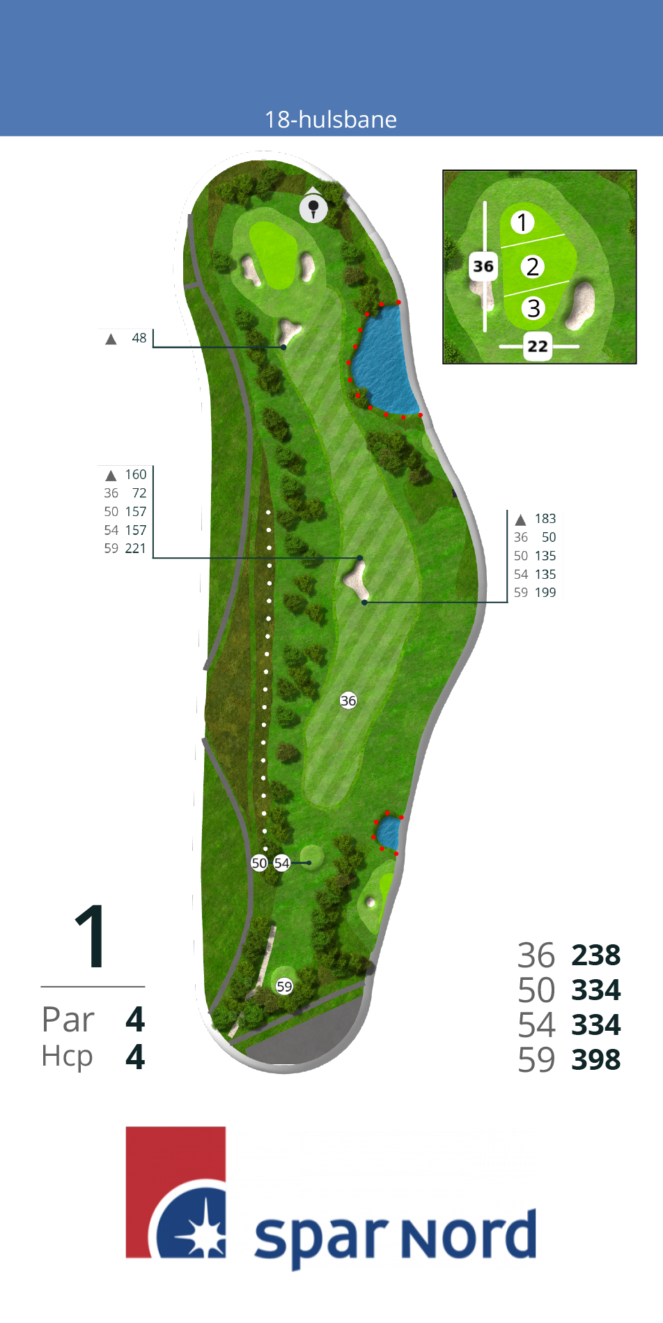 Hul 1
Hul 1 er en svær start. Det er et par 4 hul på 398m fra tee 59 og 334m fra tee 54/50. Det spilles som regel i modvind. Længere fremme på hullet kommer udfordringer, med en sø på højre side af hullet og 3 bunkers rundt om green. Green er stor og kan give interessante lange putts. <br><br>